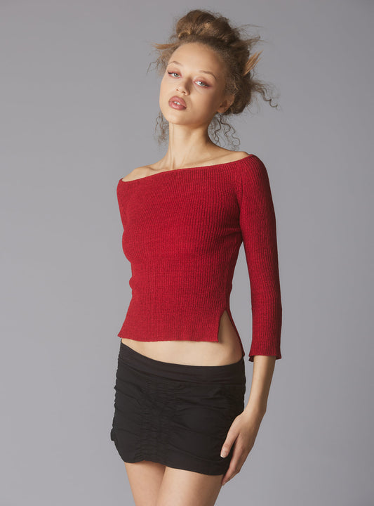 Off The Shoulder Quarter Sleeve Top In Red - UNIF Discount