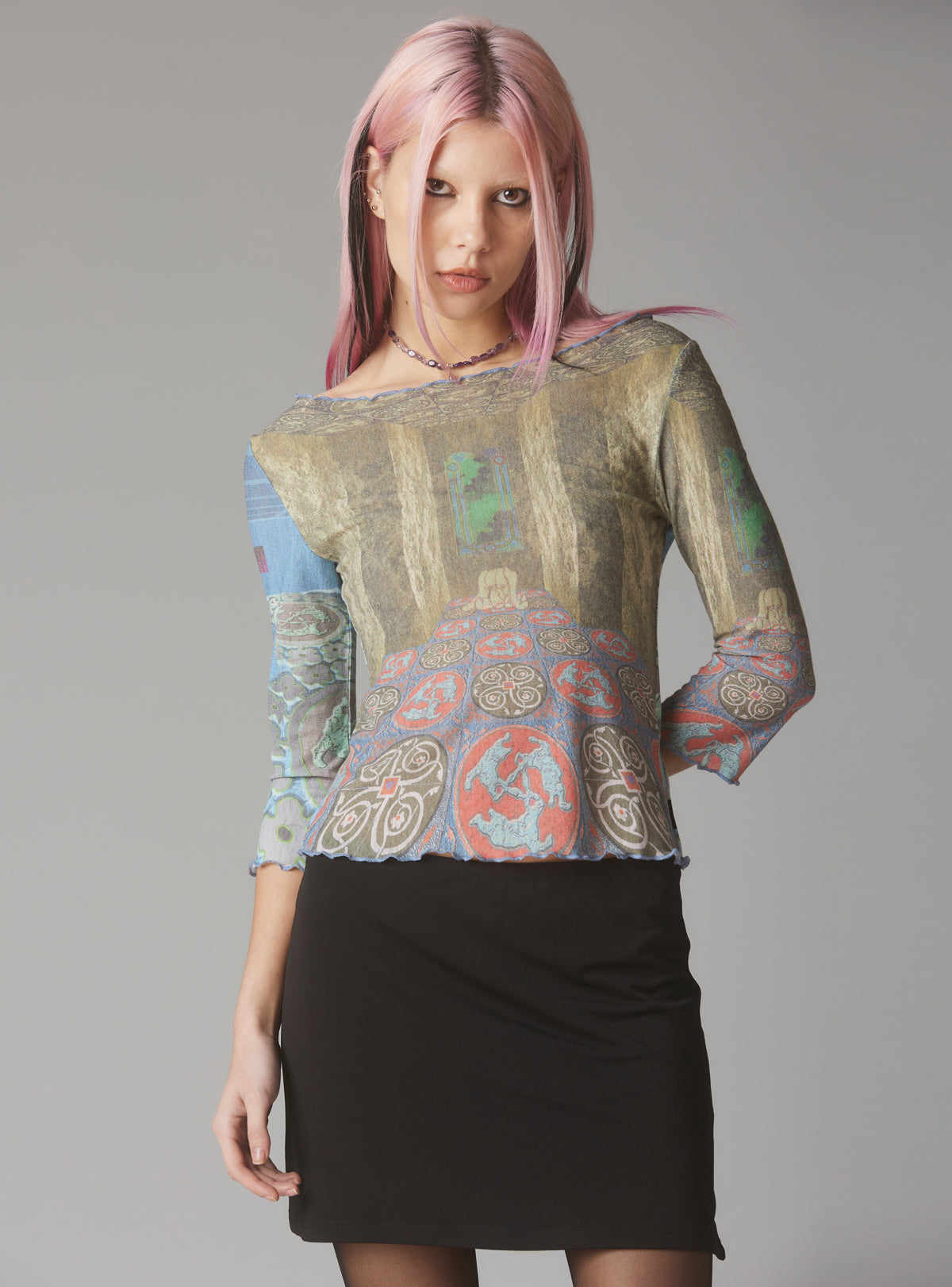 Mesh Printed Quarter Sleeve Top With Wide Neck - UNIF Featured