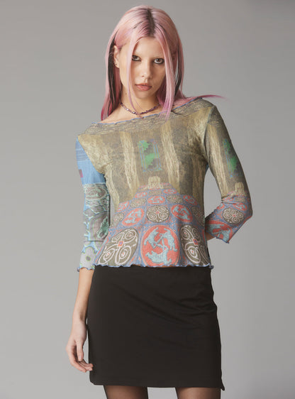 Mesh Printed Quarter Sleeve Top With Wide Neck - UNIF Featured