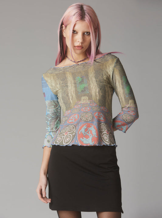 Mesh Printed Quarter Sleeve Top With Wide Neck - UNIF Featured