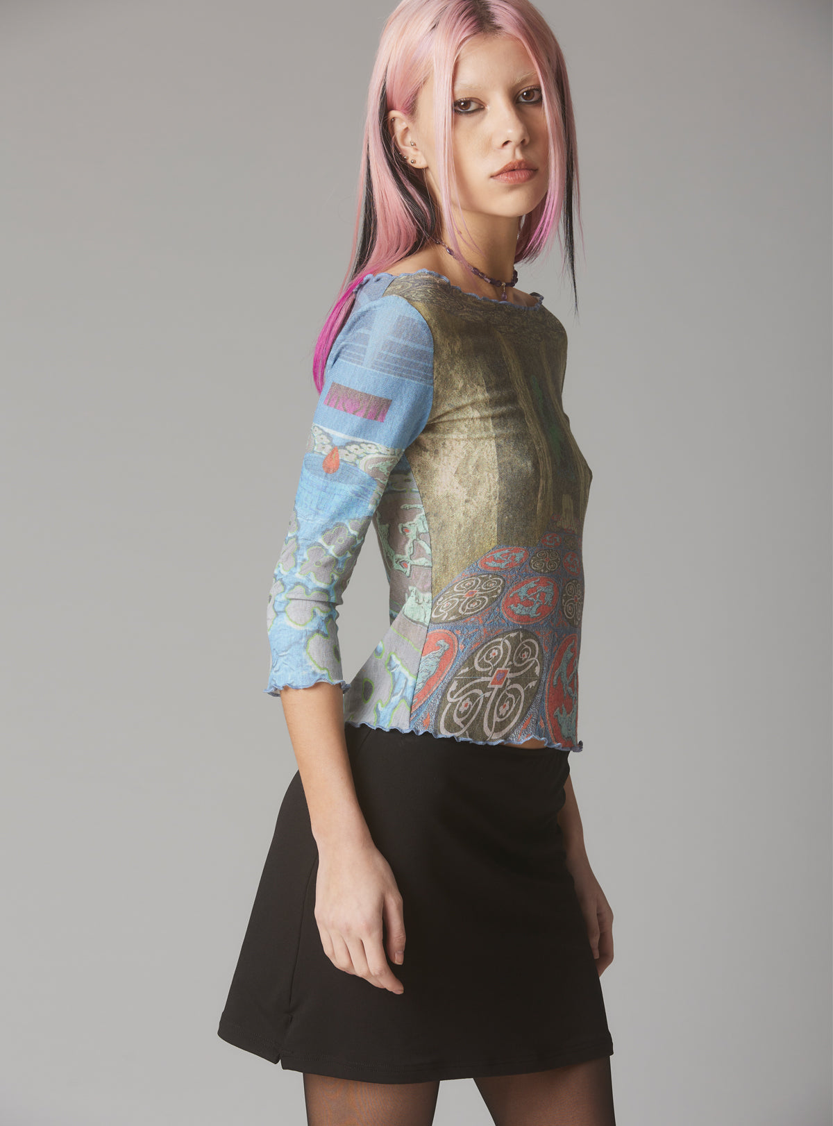 Mesh Printed Quarter Sleeve Top With Wide Neck - UNIF Featured
