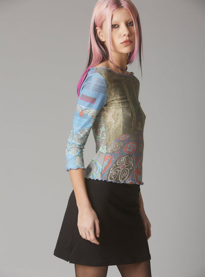 Mesh Printed Quarter Sleeve Top With Wide Neck - UNIF Featured