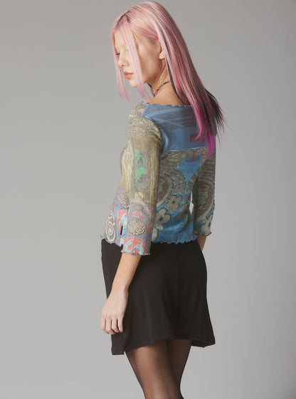 Mesh Printed Quarter Sleeve Top With Wide Neck - UNIF Featured