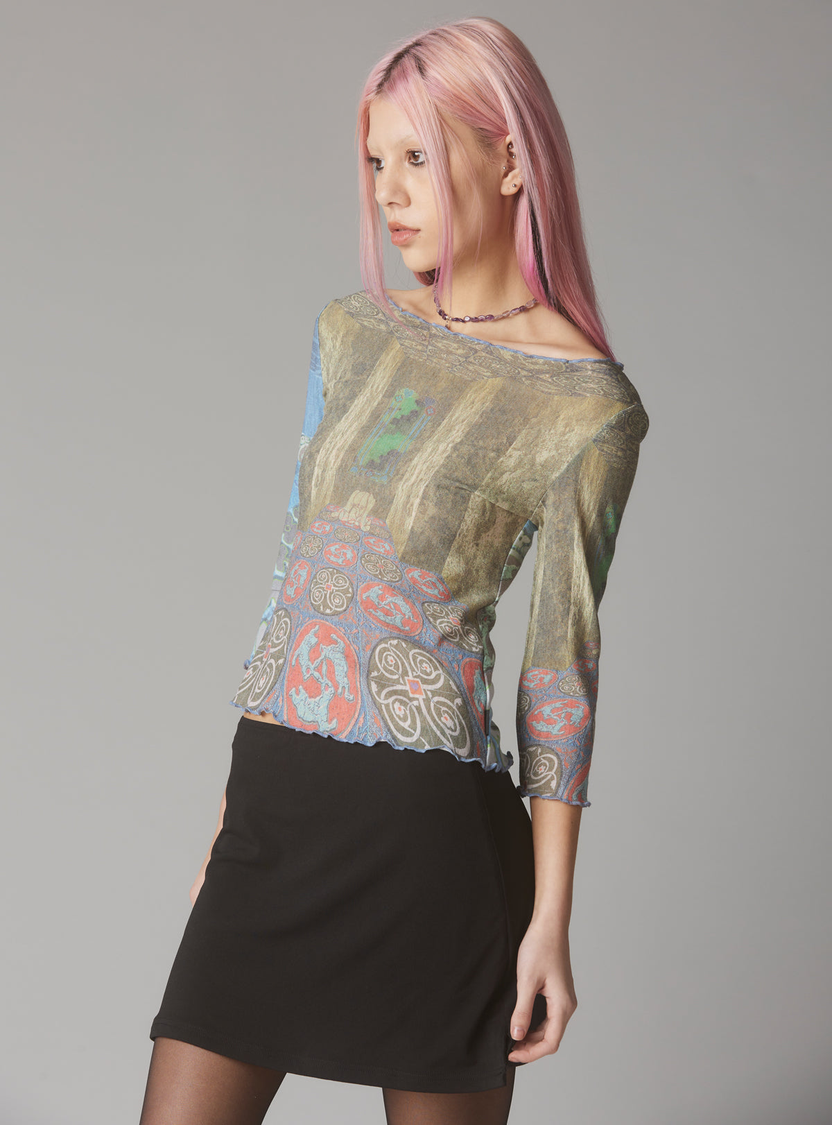 Mesh Printed Quarter Sleeve Top With Wide Neck - UNIF Featured