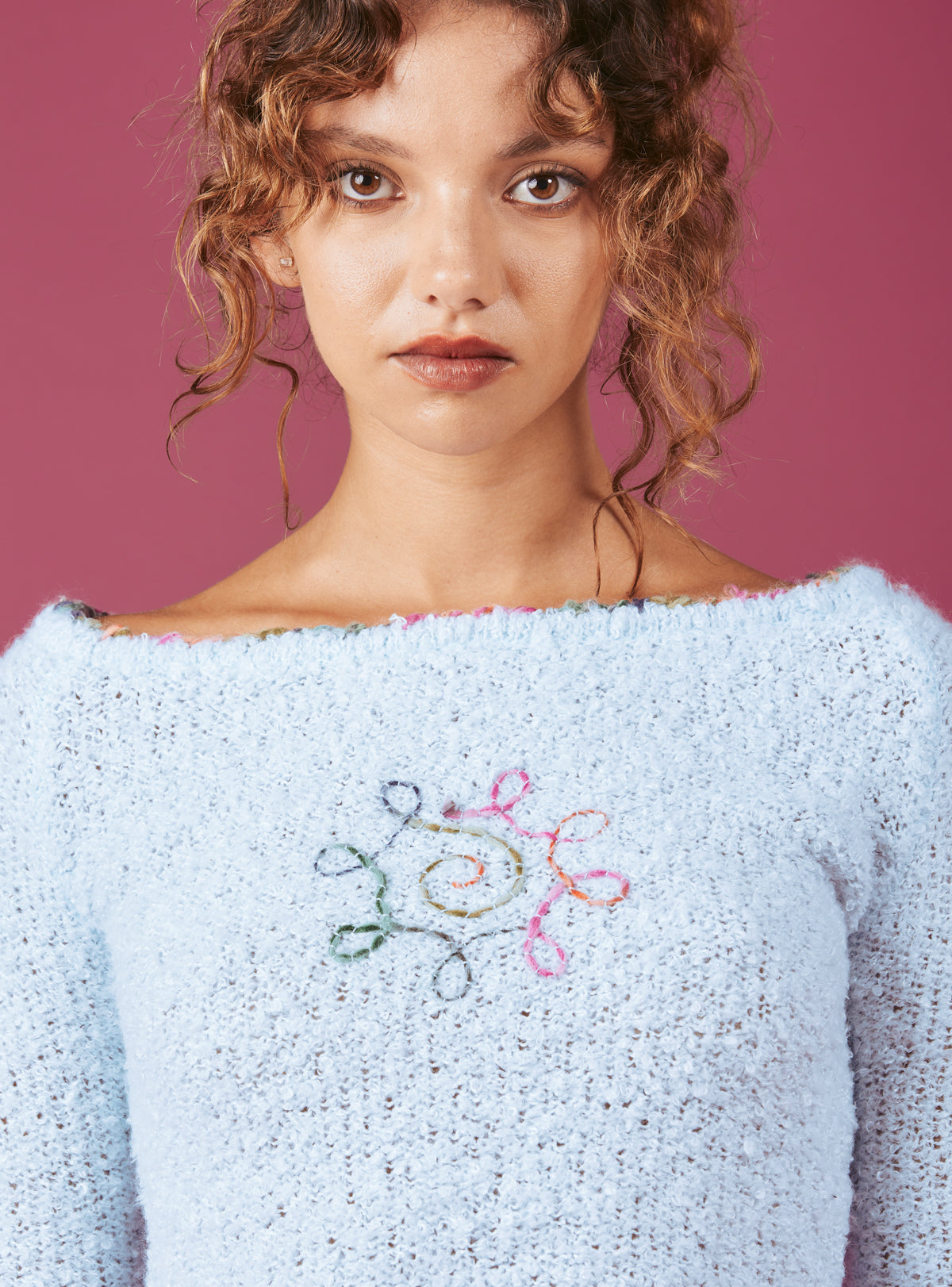 Soft Baby Blue Cropped Boucle-Knit Sweater - UNIF Classic